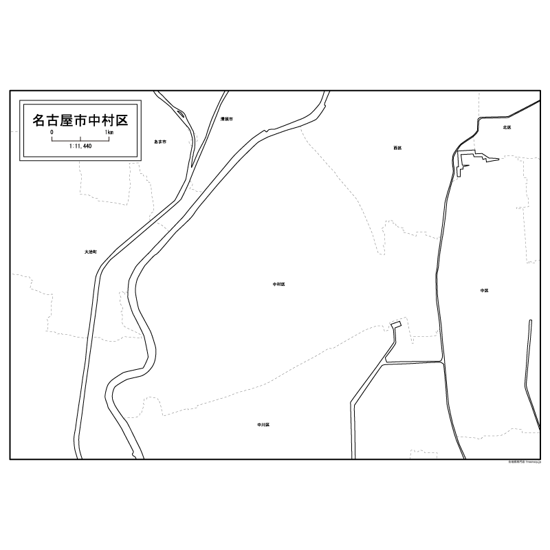 名古屋市中村区の白地図のサムネイル