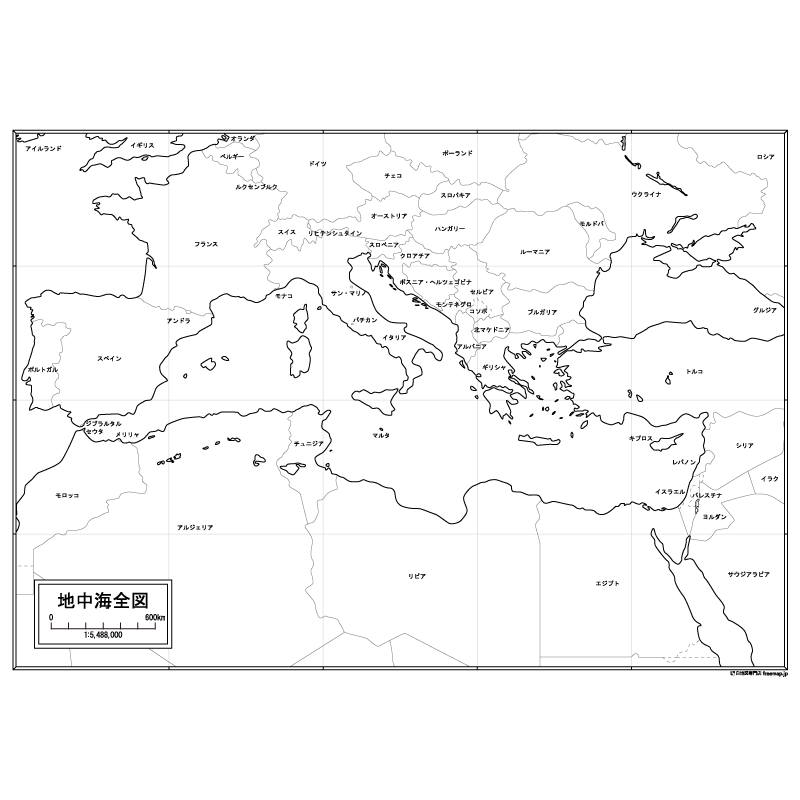 地中海全図の白地図 白地図専門店