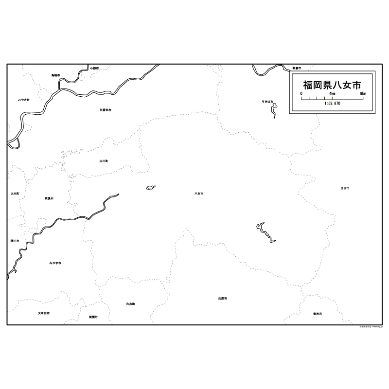 八女市の白地図のサムネイル