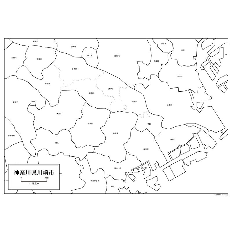 神奈川県川崎市の白地図のサムネイル