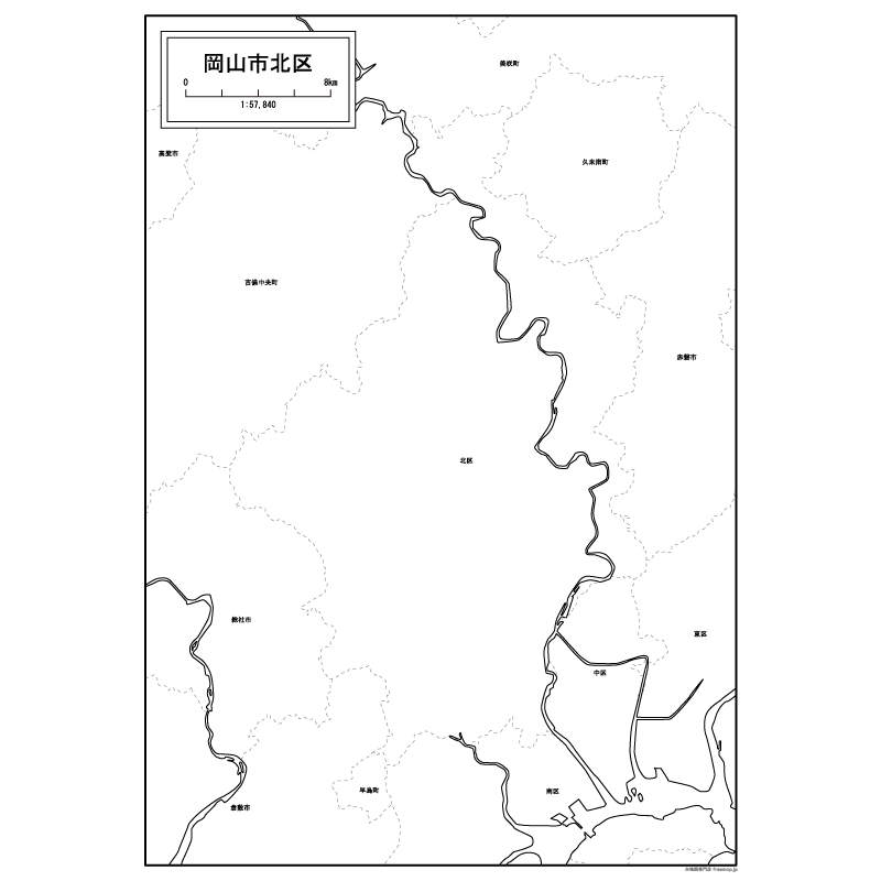 岡山市北区の白地図のサムネイル