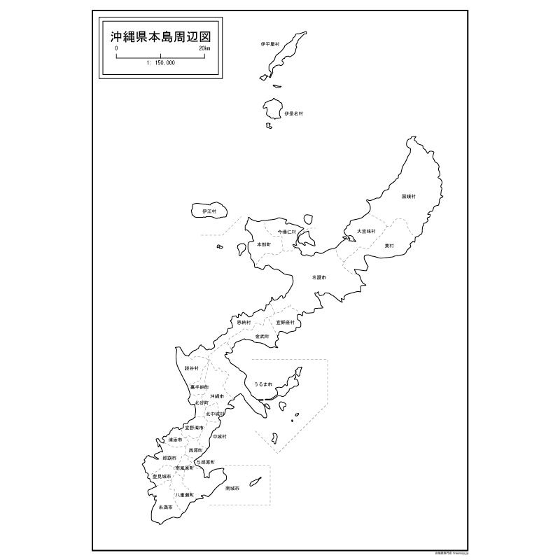 沖縄県本島周辺図の白地図のサムネイル